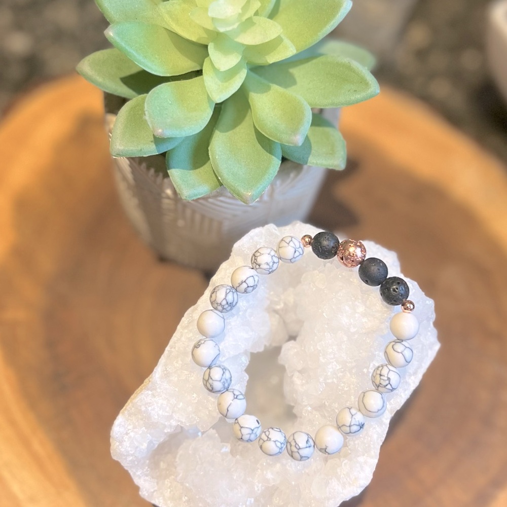 ✨Black and Rose Gold Lava Rock with Howlite Gemstone Bracelet 💕